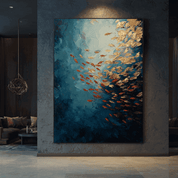 Abstract painting of gold and orange fish on a blue background in a modern interior setting.