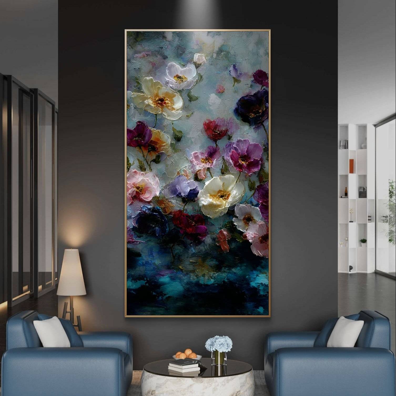 Floral painting on a wall in a modern living room
