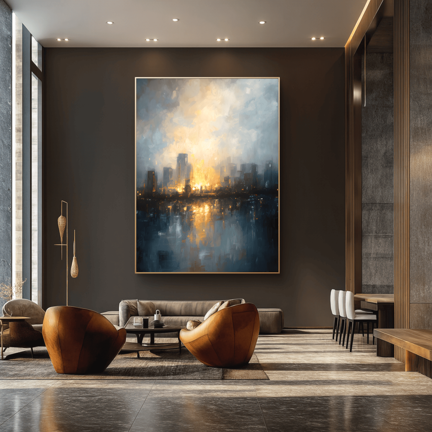 Modern living room with abstract painting on a dark wall