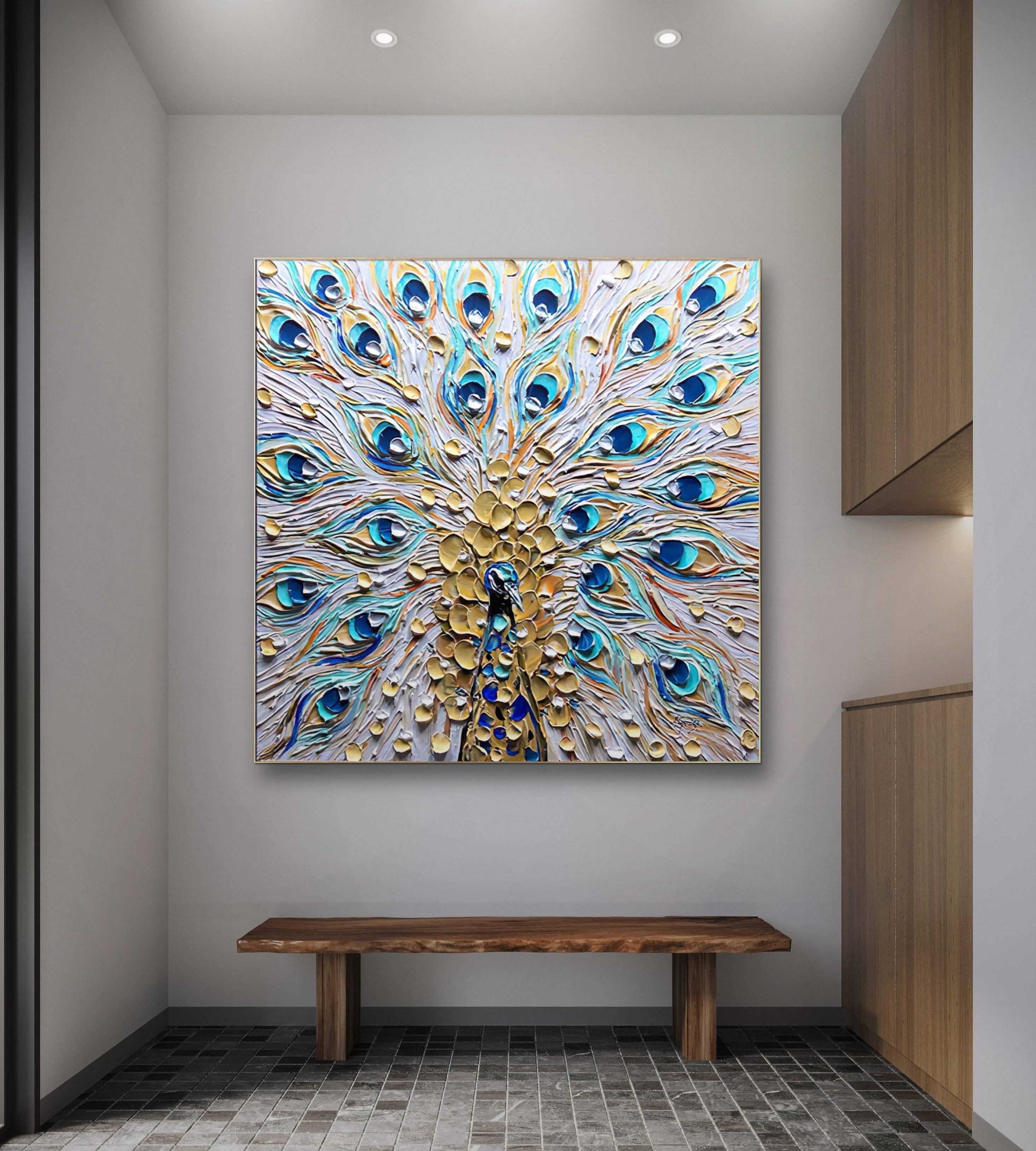 a painting of a peacock on a white wall