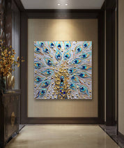 a painting of a peacock is hanging on a wall