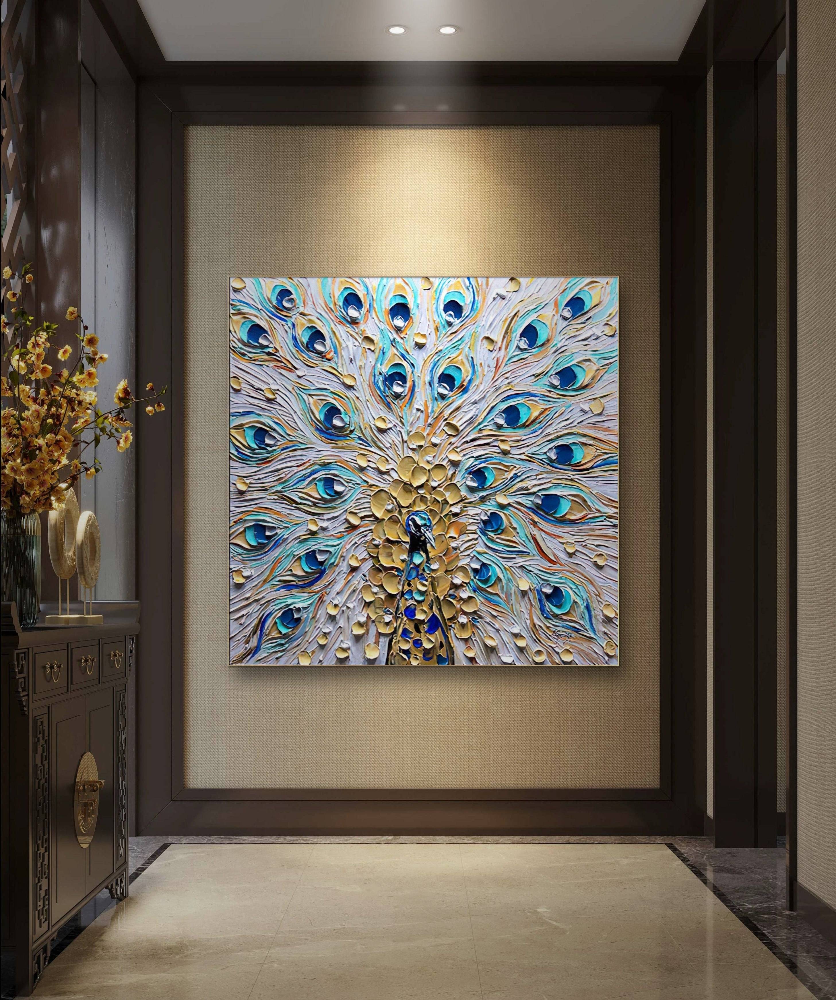 a painting of a peacock is hanging on a wall