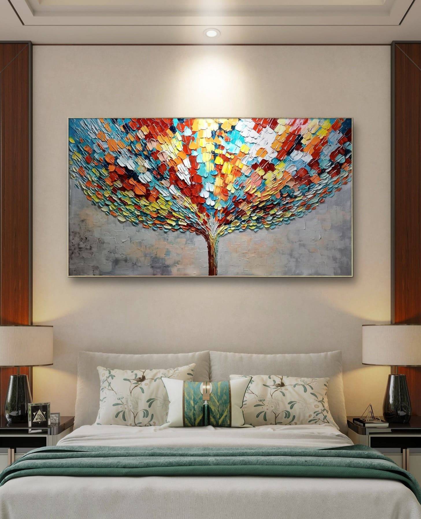 a painting called New Prosperity of a tree on a wall above a bed