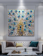 a living room with a couch and a peacock painting on the wall