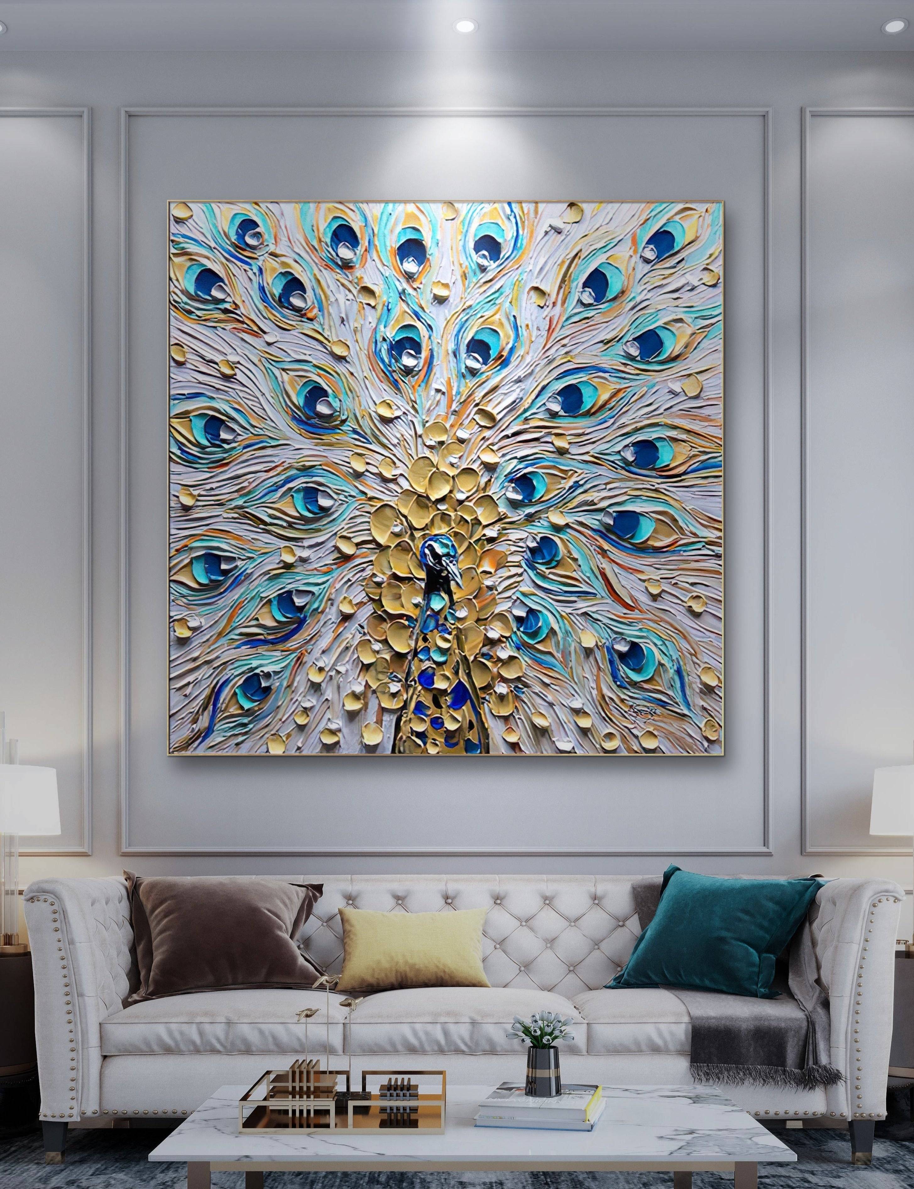 a living room with a couch and a peacock painting on the wall