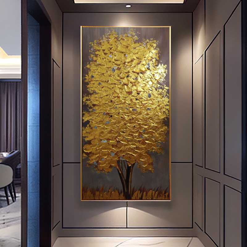 golden money tree painting Golden Fortune Tree Painting Nature Landscapes Wall Art Colossal: 85"×169" / 215×430 cm / Rolled Canvas