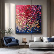 Modern living room with a colorful abstract painting on the wall, gray sofa, and blue armchair.