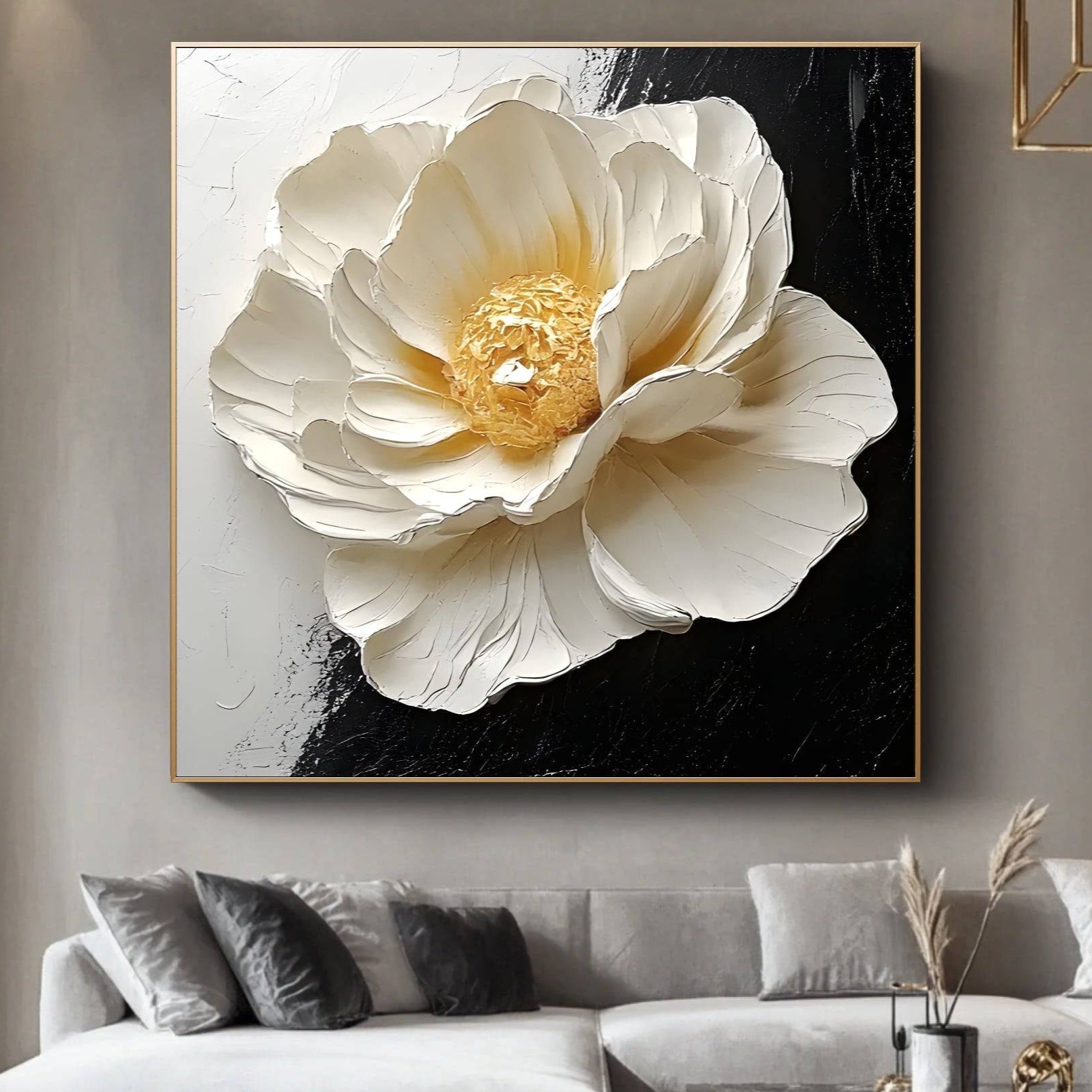 Large floral artwork above a sofa in a modern living room.