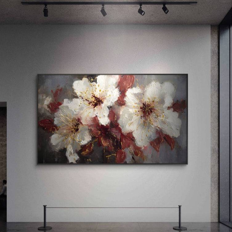 Floral painting on a wall in an art gallery setting