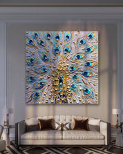 a living room with a couch and a peacock painting on the wall