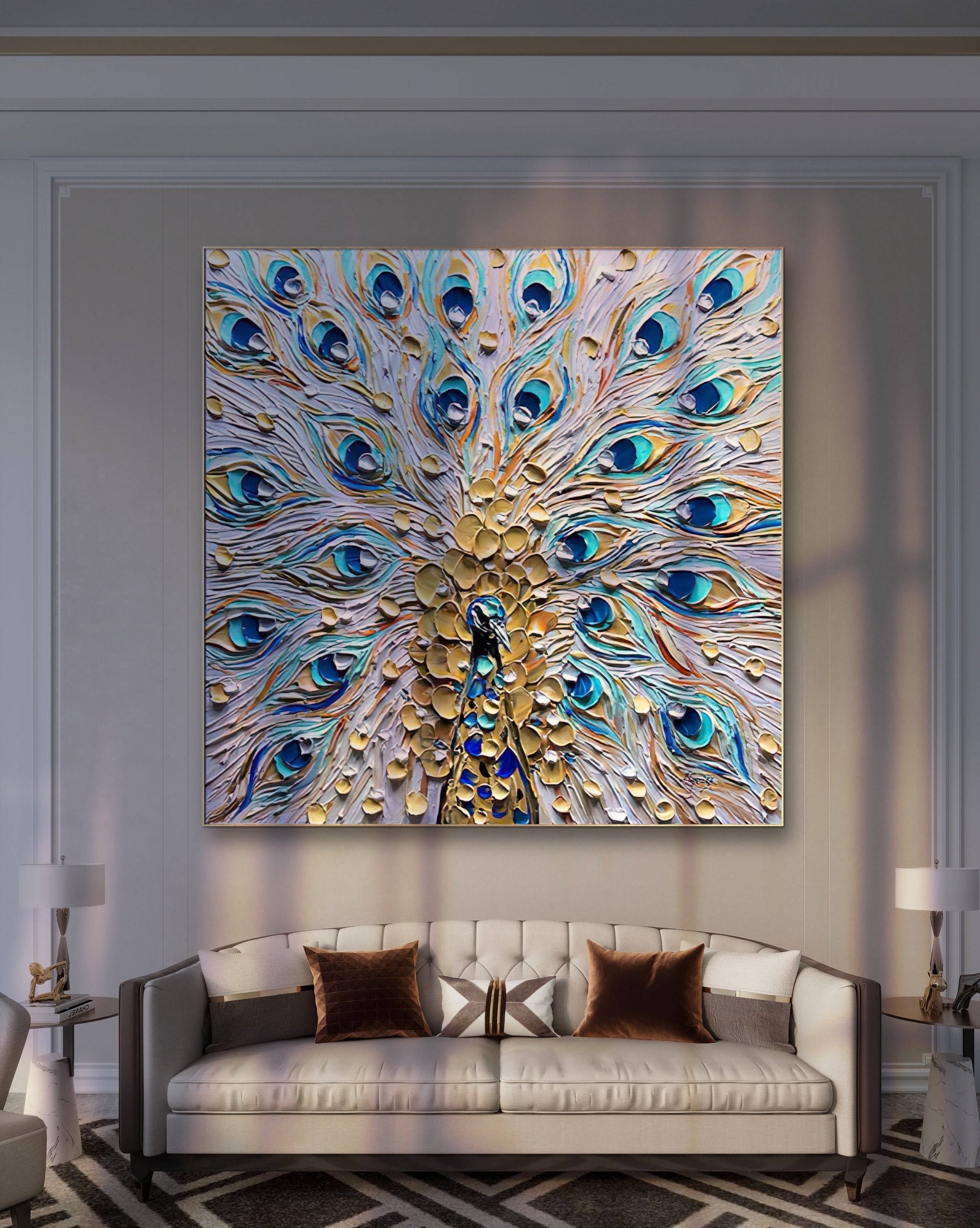 a living room with a couch and a peacock painting on the wall