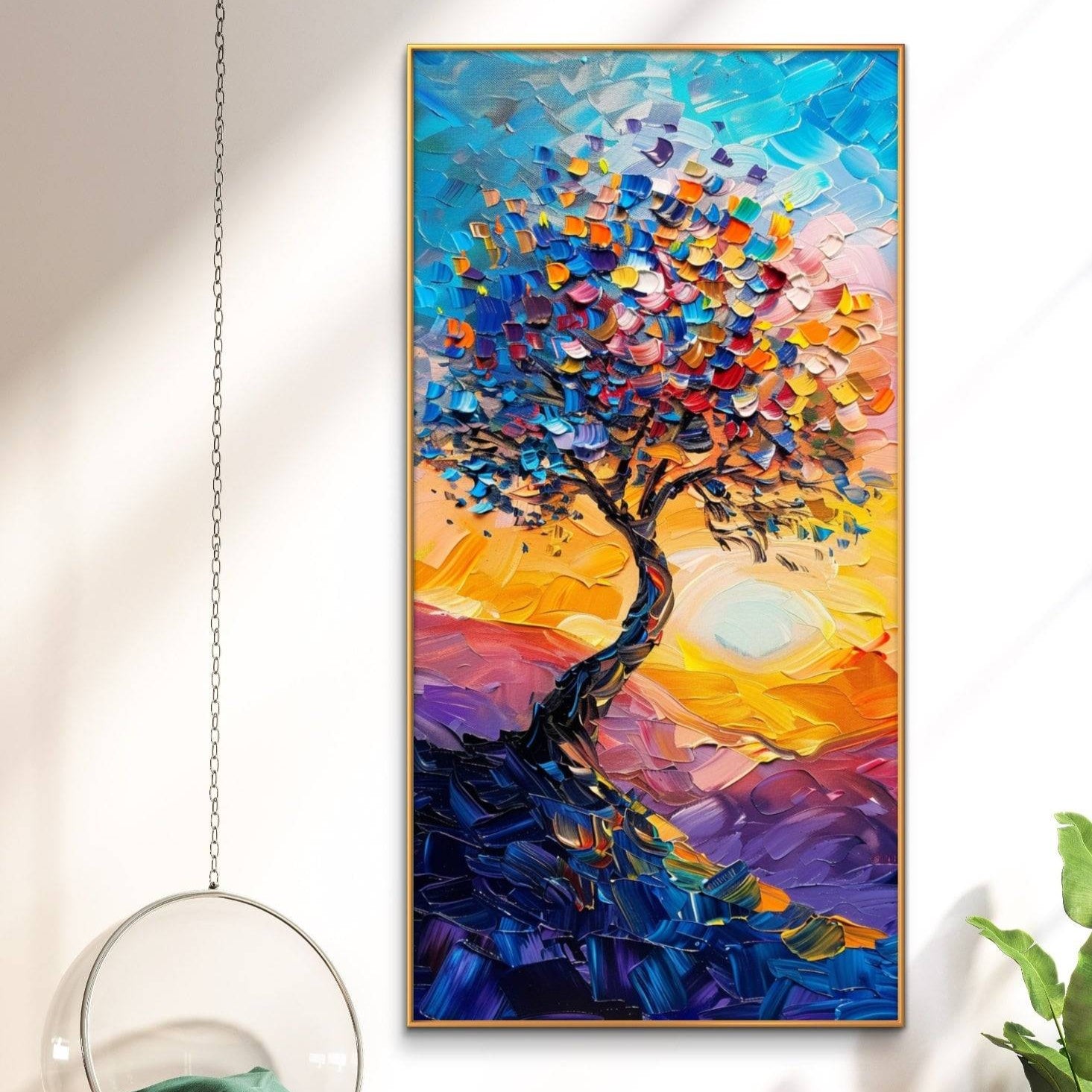 A vibrant, handpainted vertical artwork depicting a colorful tree with autumn leaves against a vivid sky, showcasing impasto techniques with thick, textured paint.