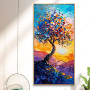 A vibrant, handpainted vertical artwork depicting a colorful tree with autumn leaves against a vivid sky, showcasing impasto techniques with thick, textured paint.