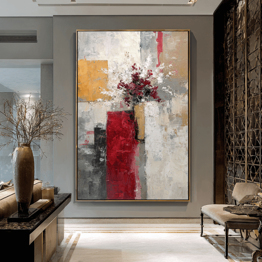 Abstract painting in a modern living room setting with decorative elements.