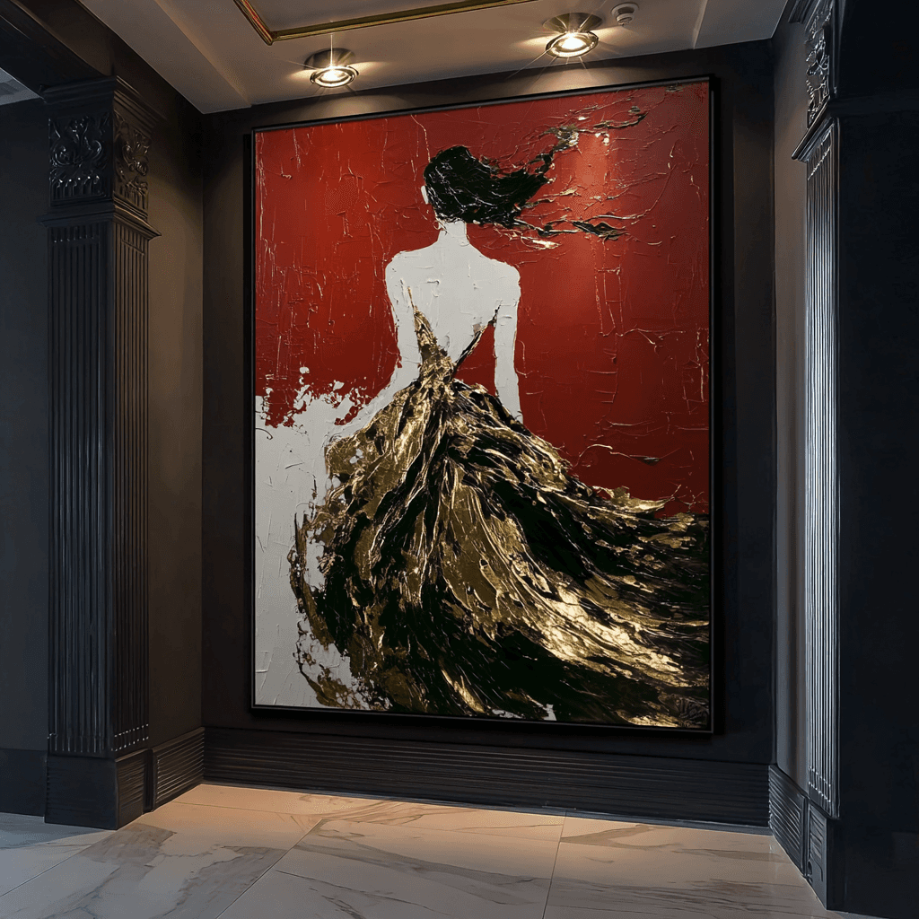 Woman in Gold Dress Art - Red Canvas Wall Art | Radikal Homes Woman in Gold Dress Art - Red Canvas Wall Art | Radikal Homes