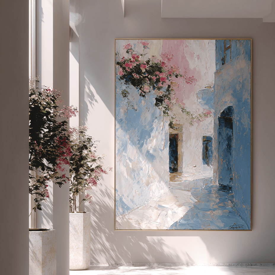 Framed abstract painting of a sunlit street with flowers in a bright room.