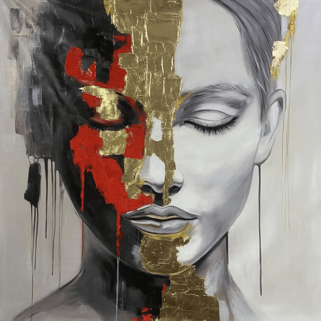 Collection image of the exclusive edition of the paintings of Radikal homes consisting of an abstract female portrait bathered in gold and blood, black and white, light contrast