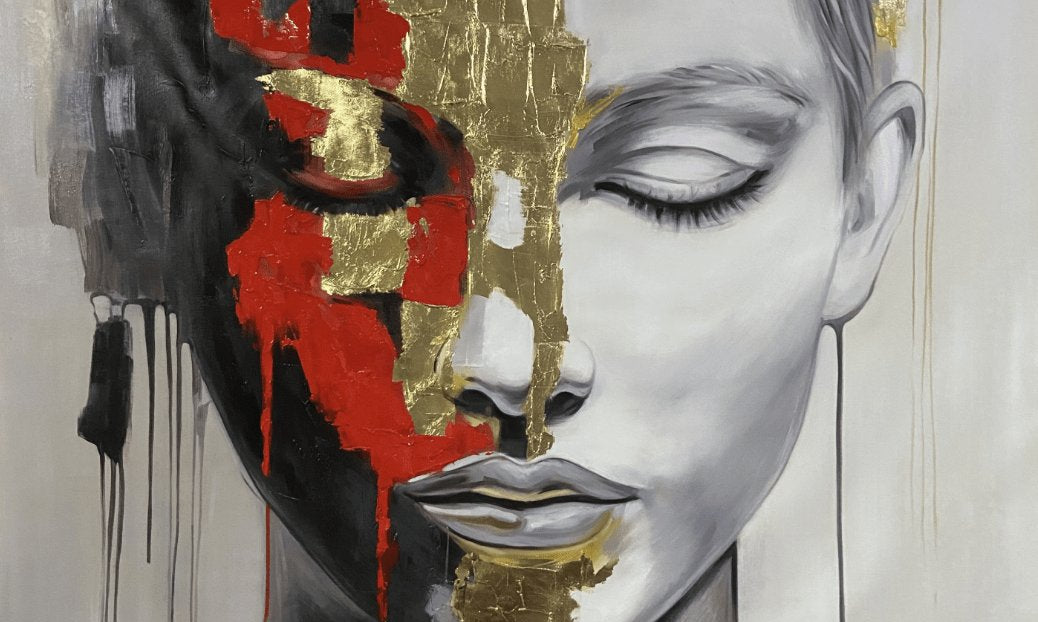 Collection image of the exclusive edition of the paintings of Radikal homes consisting of an abstract female portrait bathered in gold and blood, black and white, light contrast