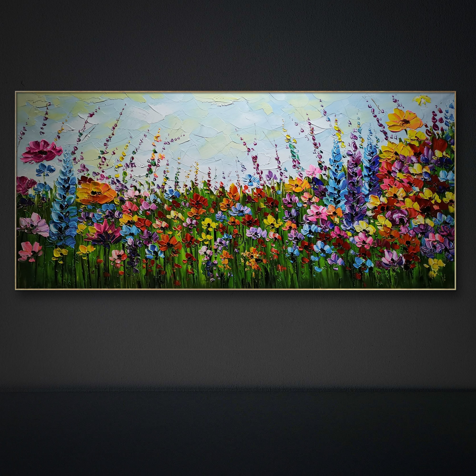 Wall floral painting of many different colors. 100% hand painted with acrylic and oil paint. Including a modern frame