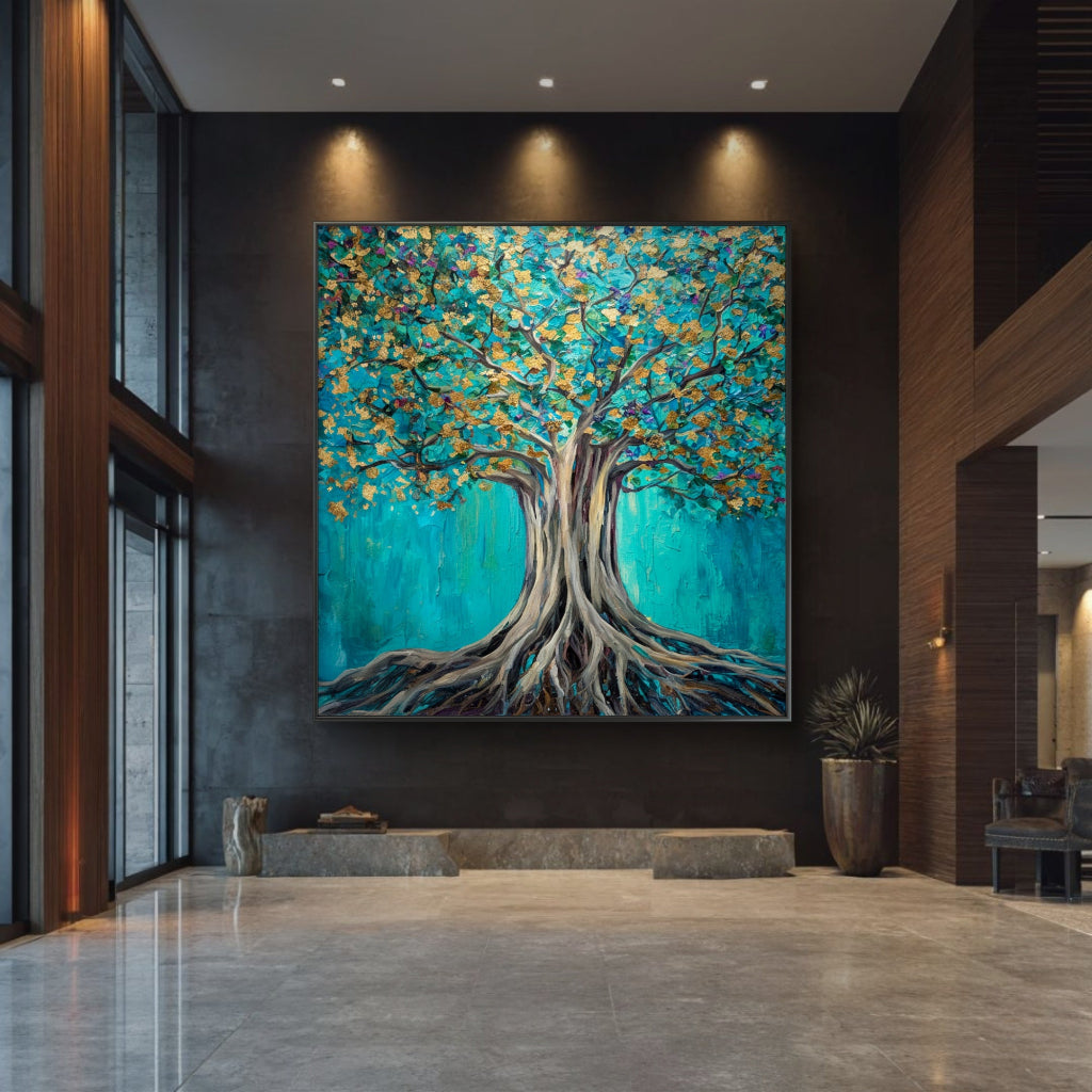 Large abstract tree painting in a modern interior setting