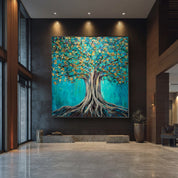 Large abstract tree painting in a modern interior setting