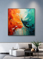 a living room with a couch and a luxurious and colorful abstract painting on the wall