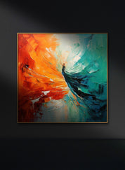 a luxurious and colorful abstract painting on a wall with a person standing in front of it