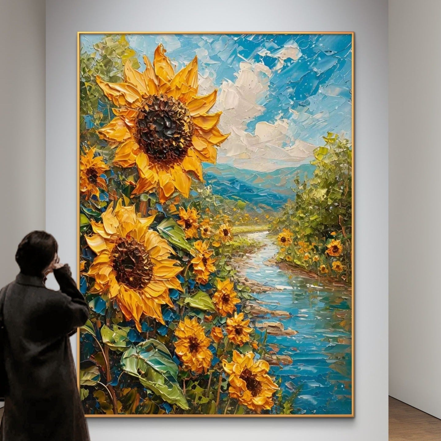 Vibrant Sunflowers by the Stream Oil Painting