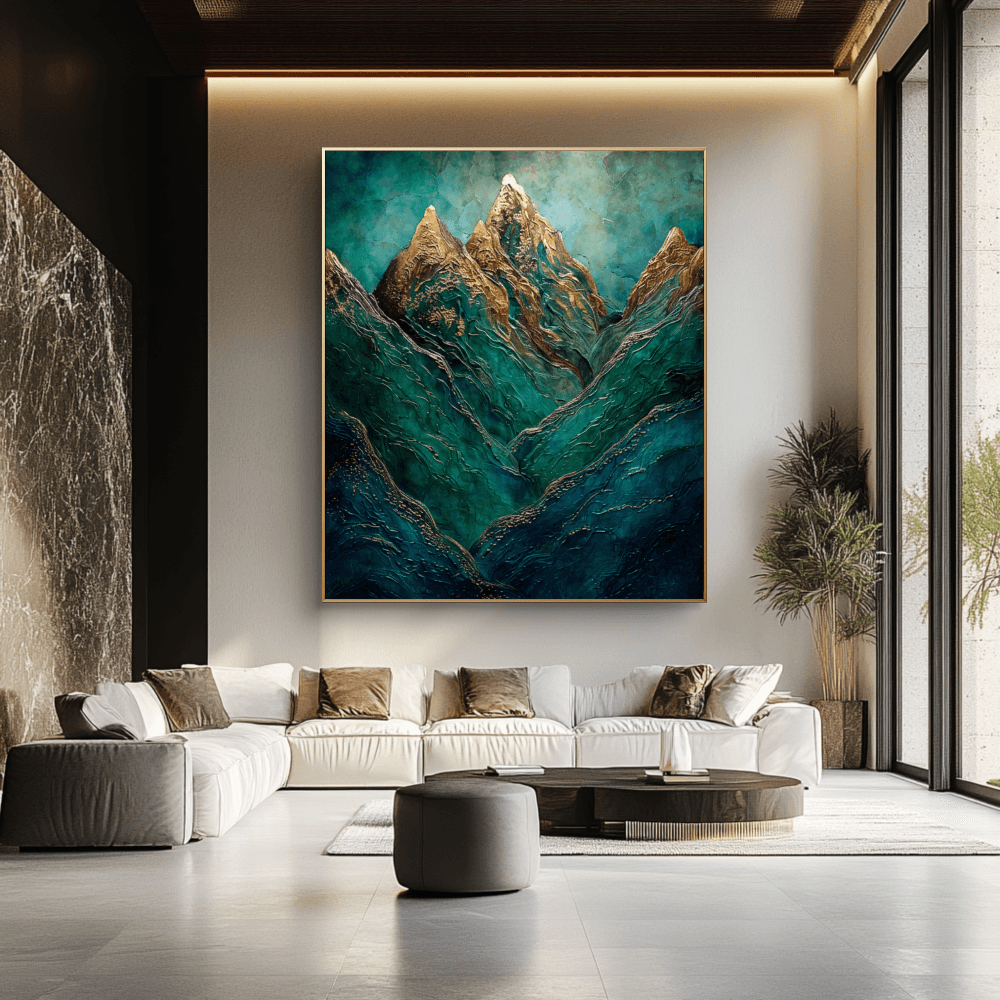Modern living room with a large mountain painting on the wall
