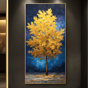 Decorative painting of a golden tree on a dark wall
