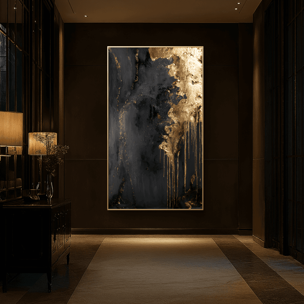 Abstract painting in a dimly lit room with a lamp and decorative elements.