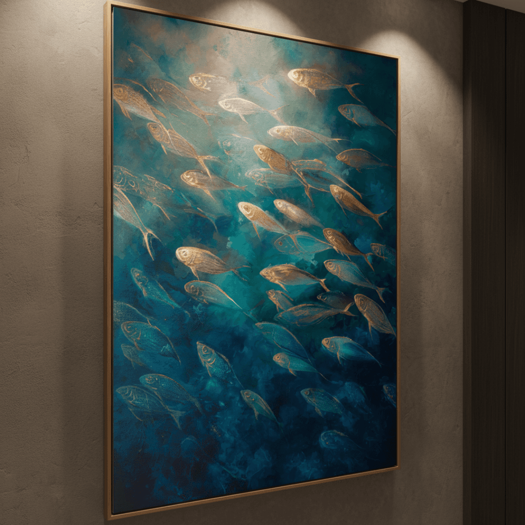 Framed artwork of fish swimming in water on a wall