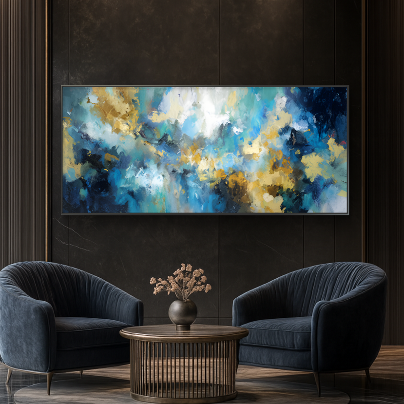 Modern living room with abstract painting on a dark wall, two blue armchairs, and a wooden coffee table.