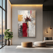 Modern living room with abstract painting, plants, and furniture.