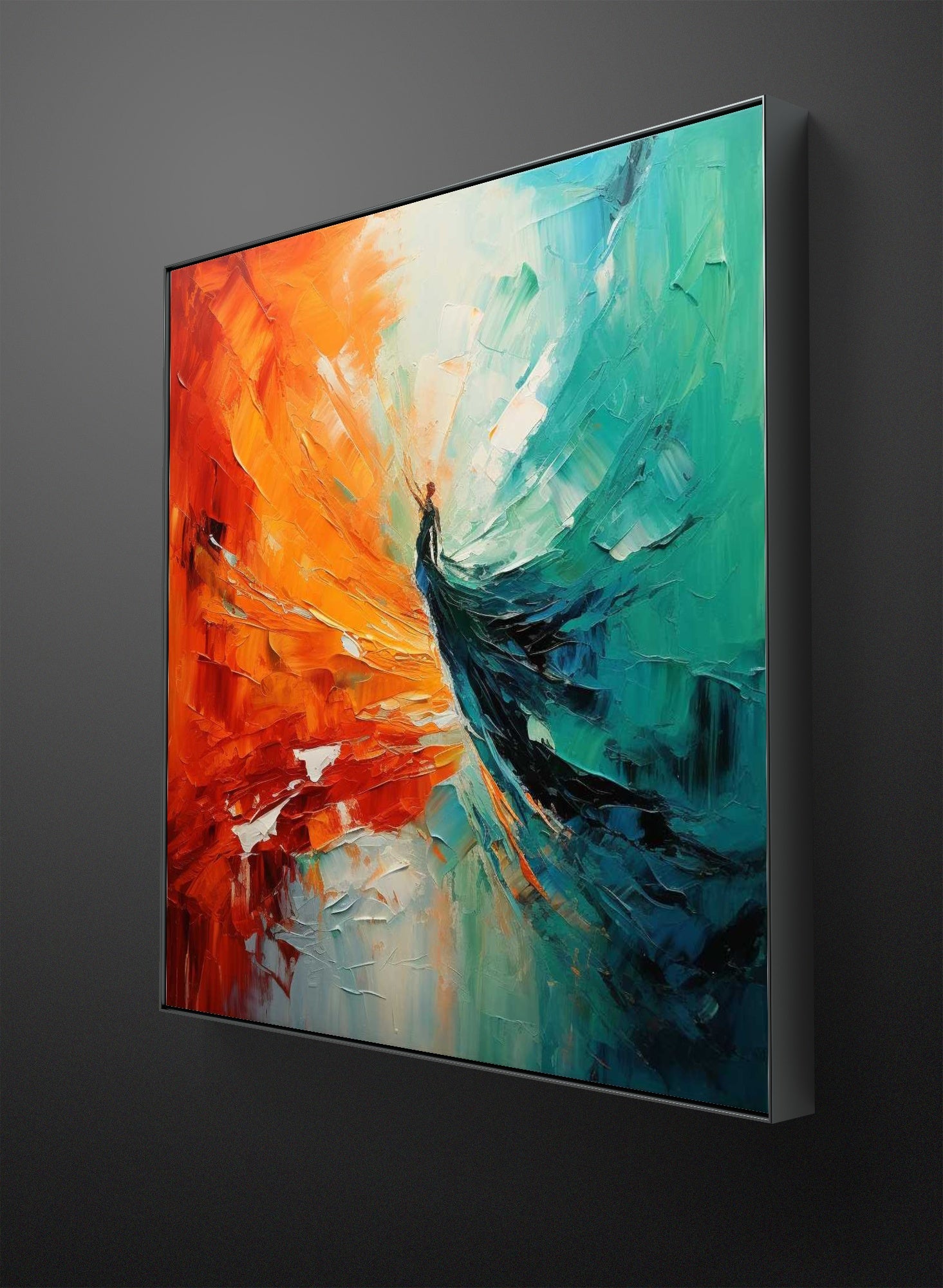 a luxurious abstract colorful hand made painting with a modern frame