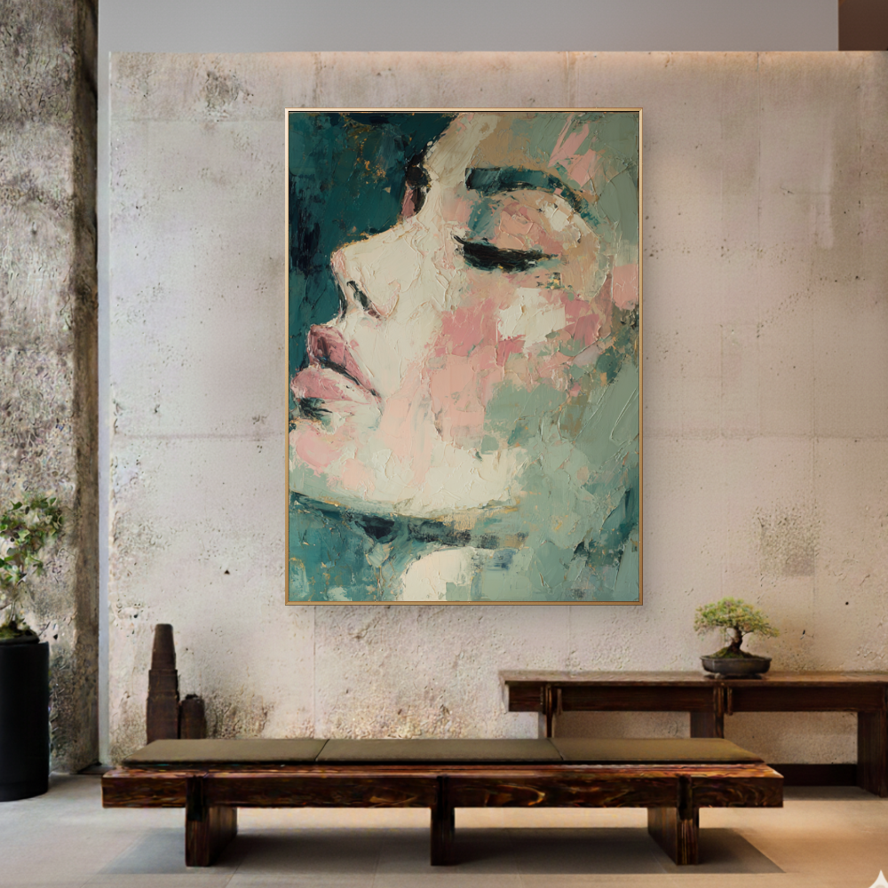 Abstract painting of a woman's face on a textured wall in a modern interior setting.