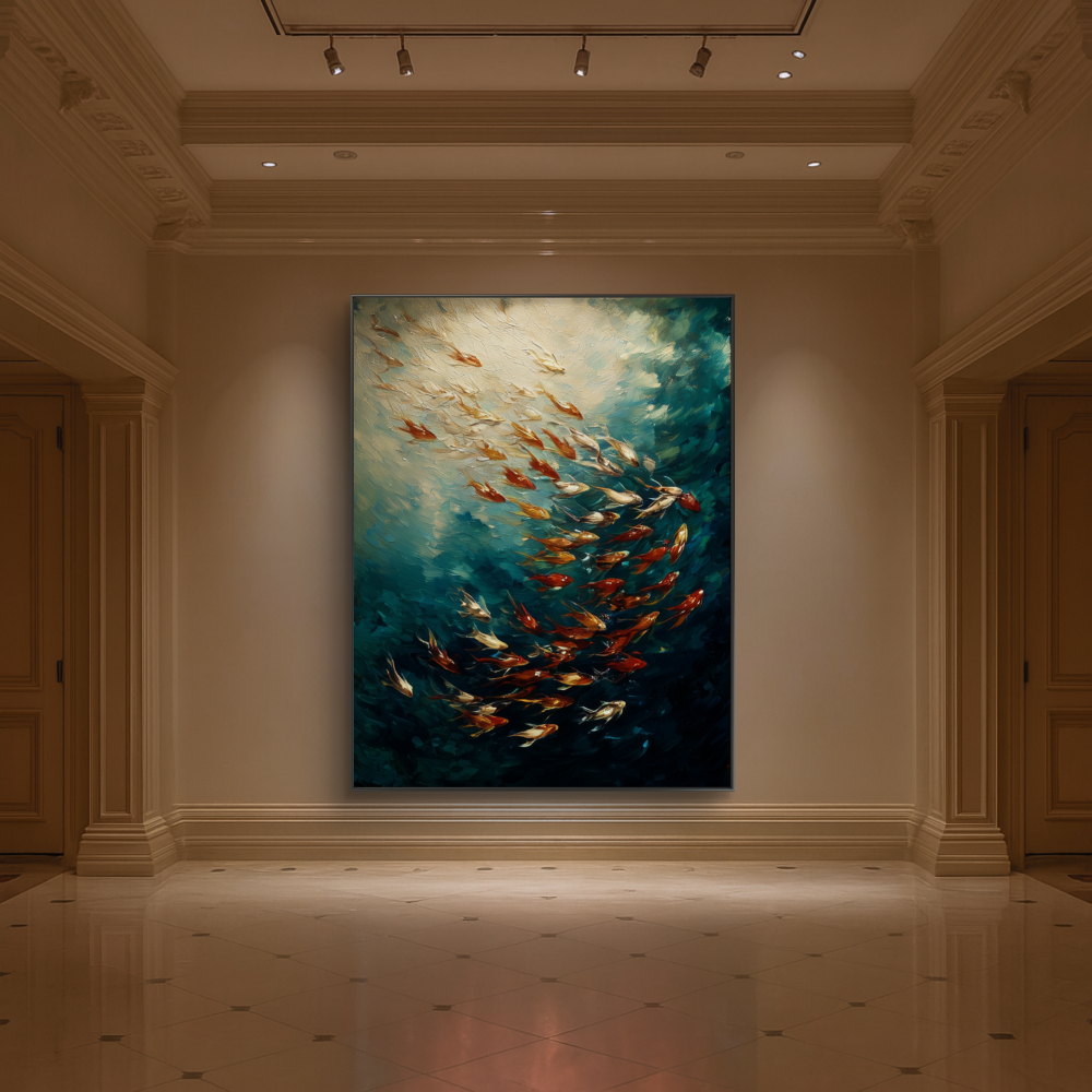 Large abstract painting of fish in a hallway with decorative ceiling lights.