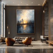 Modern living room with abstract painting on a dark wall