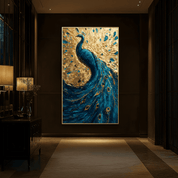 Peacock painting on a dark wall in a dimly lit room