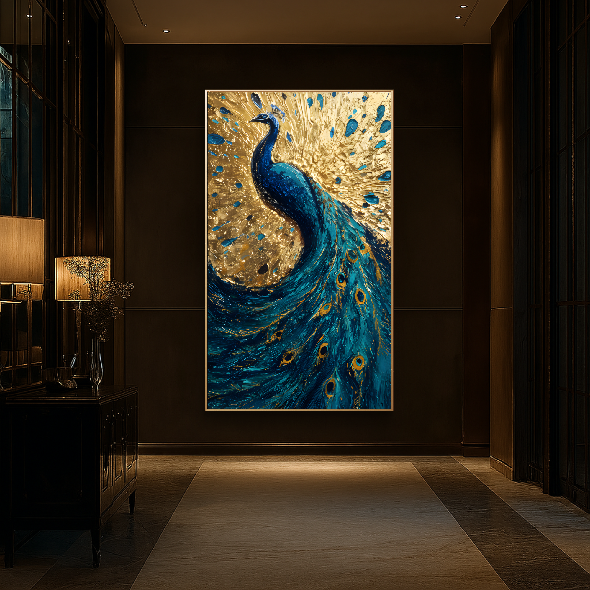 Peacock painting on a dark wall in a dimly lit room