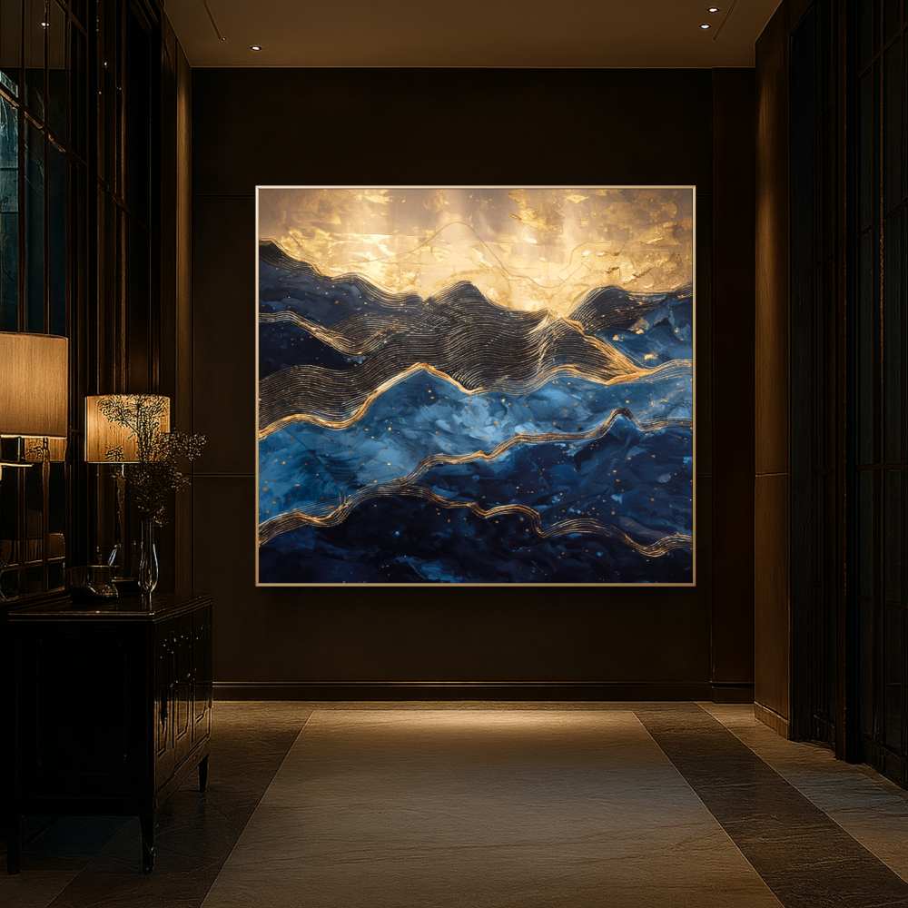 Large abstract painting of mountains in a dimly lit room with lamps.