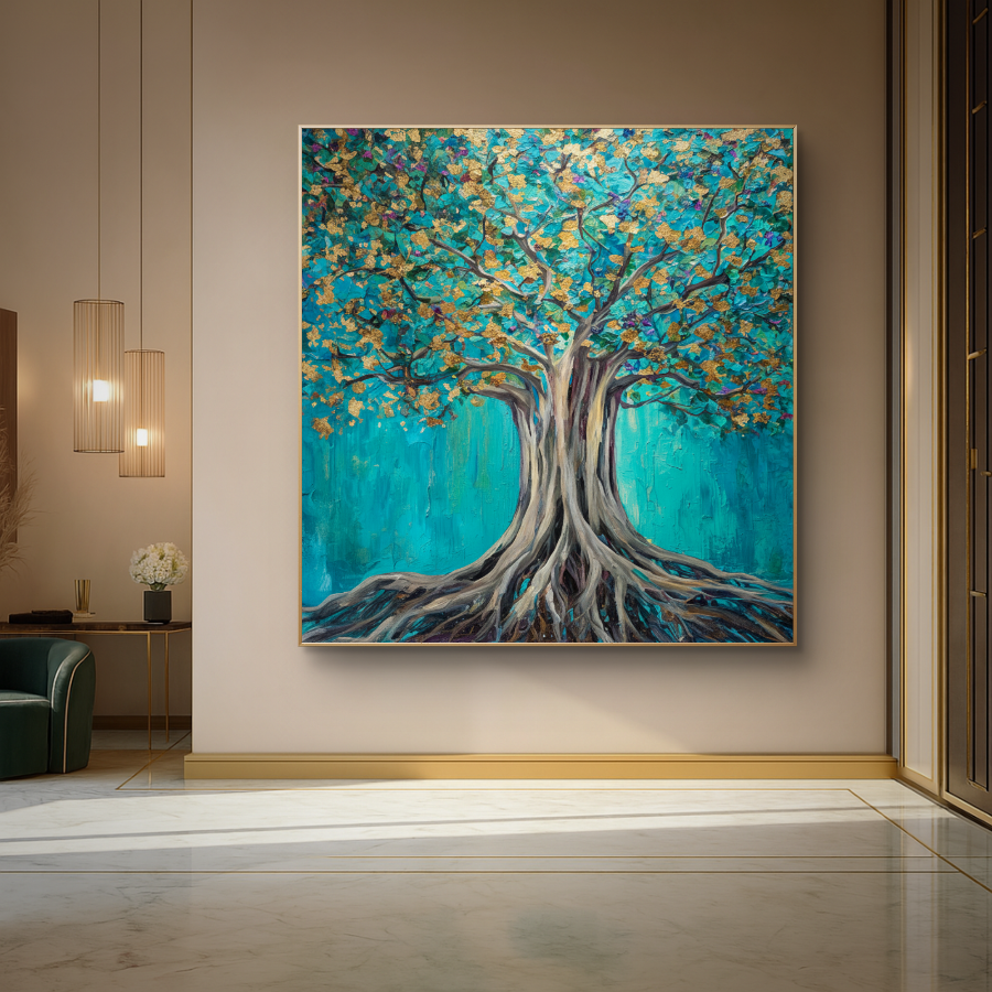 Colorful abstract tree painting on a wall in a modern interior setting