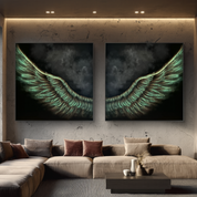 Modern living room with a large sectional sofa and two wall-mounted artworks of green wings.