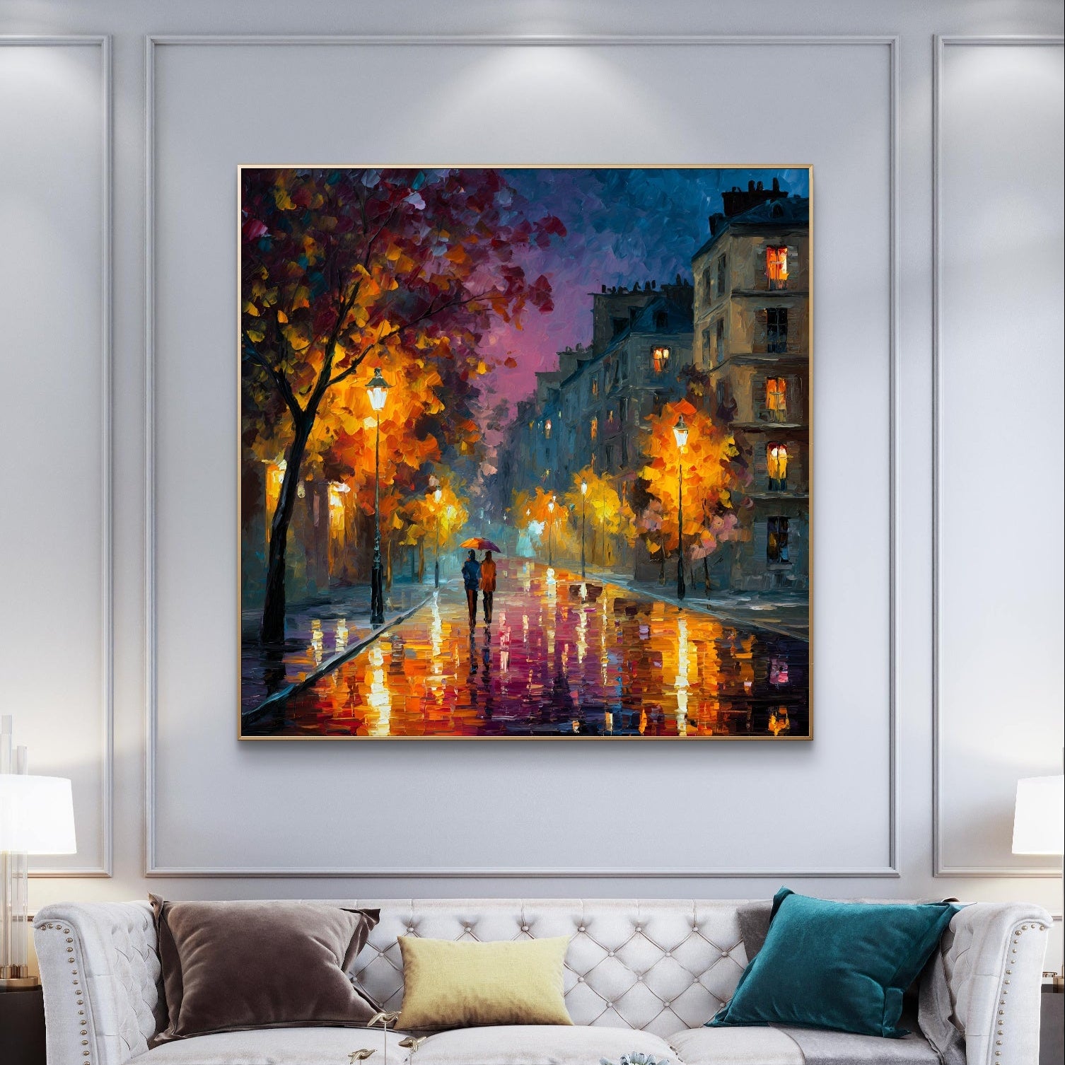 Framed painting of a city street scene with people walking, hanging above a white sofa in a living room.