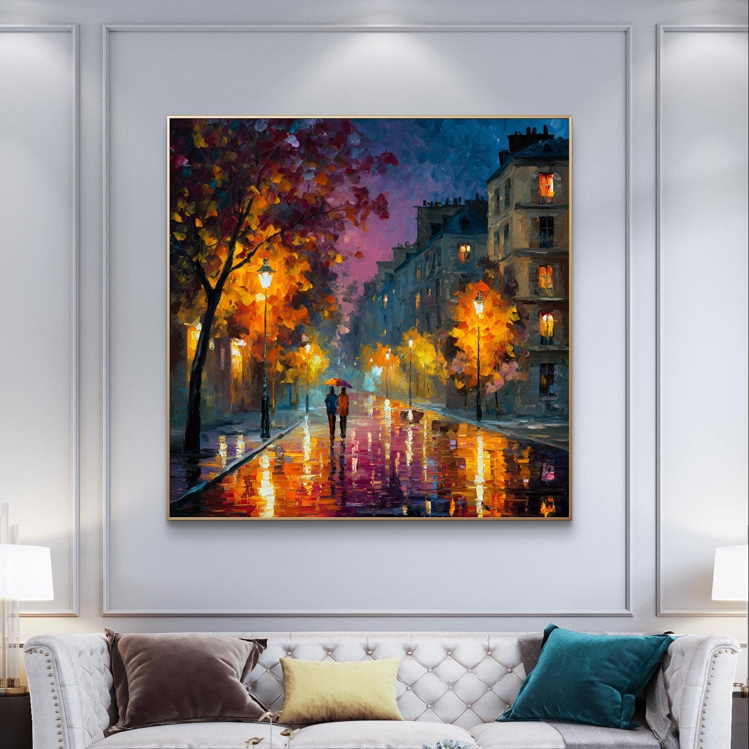 Framed painting of a city street scene with people walking, hanging above a white sofa in a living room.