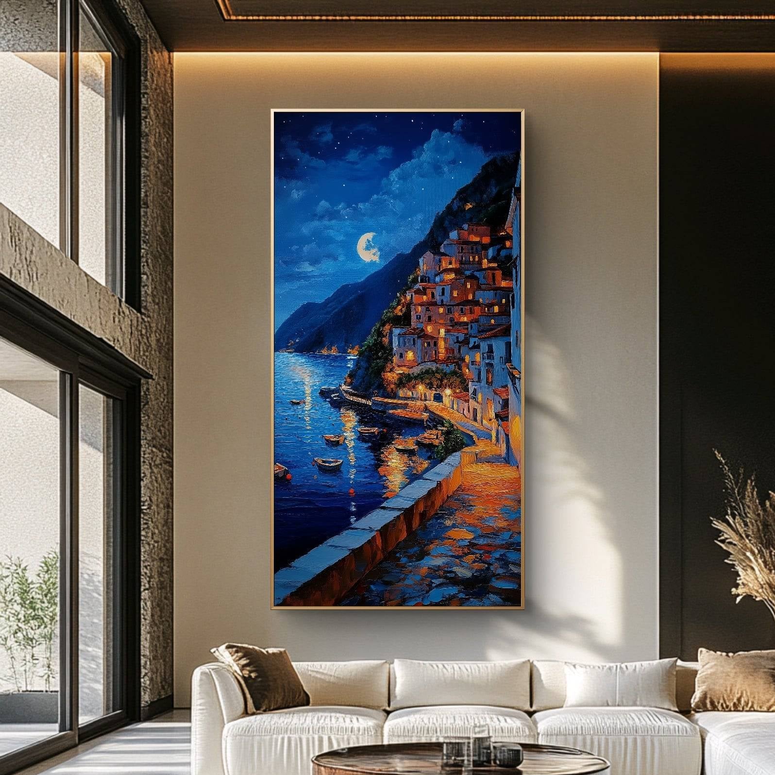 Modern living room with a large painting of a mountain village at night.