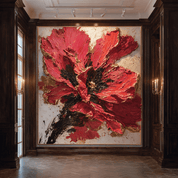 Large abstract painting of a red flower in a dark wooden frame on a wall.