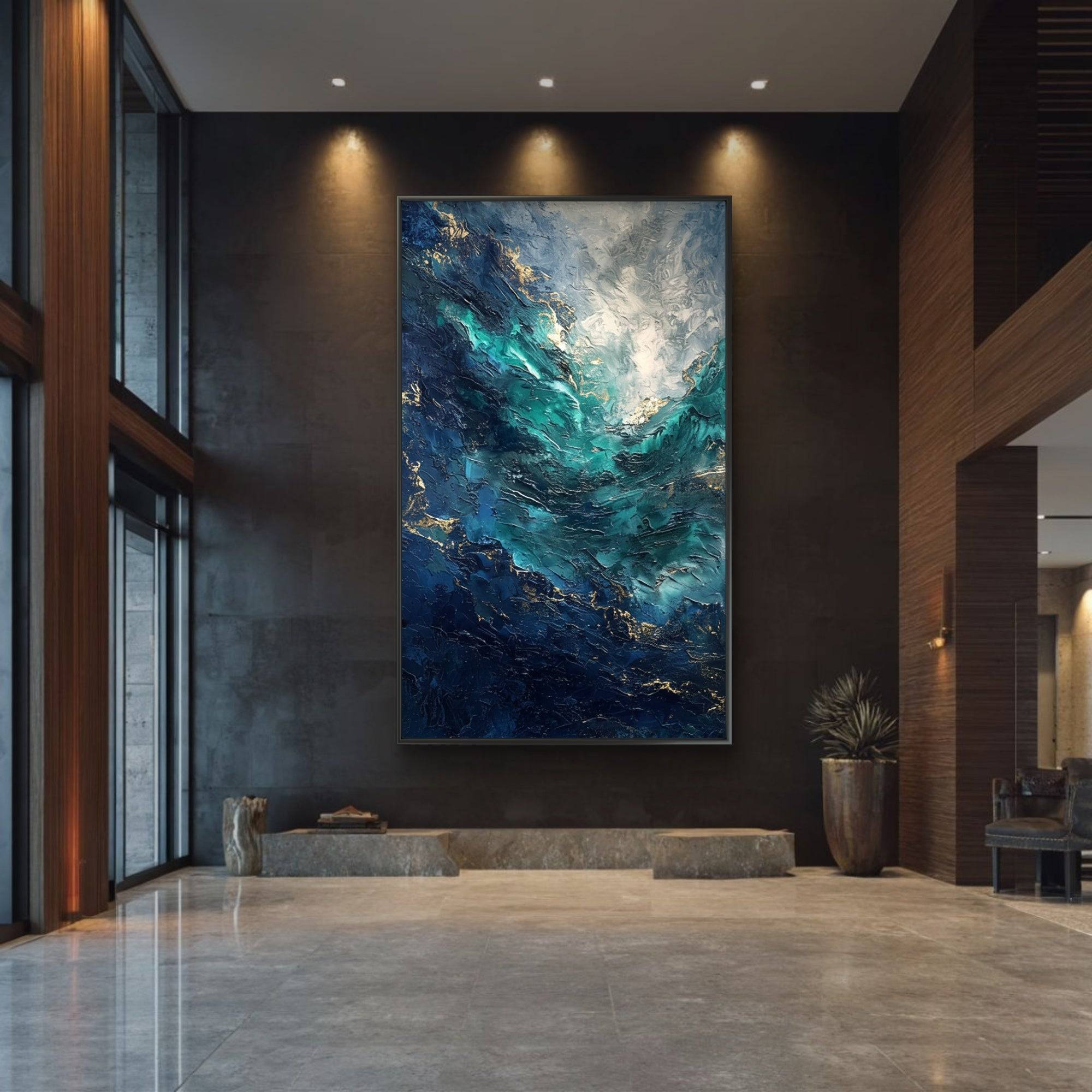 Modern interior with a large abstract painting on a dark wall