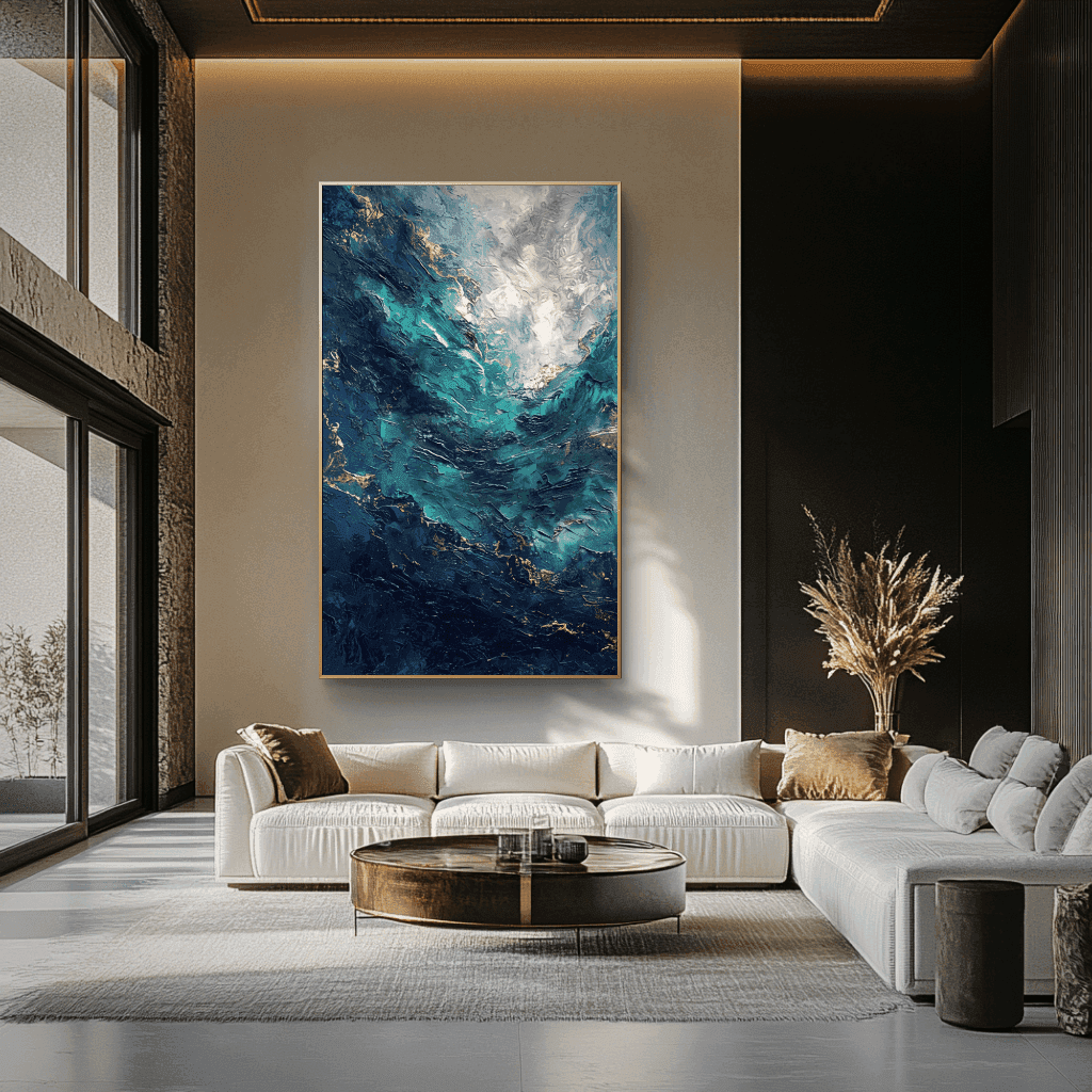 Modern living room with a large abstract painting on the wall, white sofa, and round coffee table.