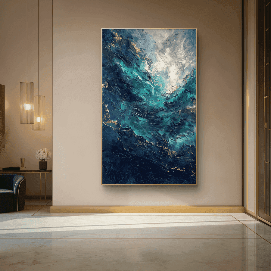 Abstract painting of swirling blue and white colors in a modern interior setting.